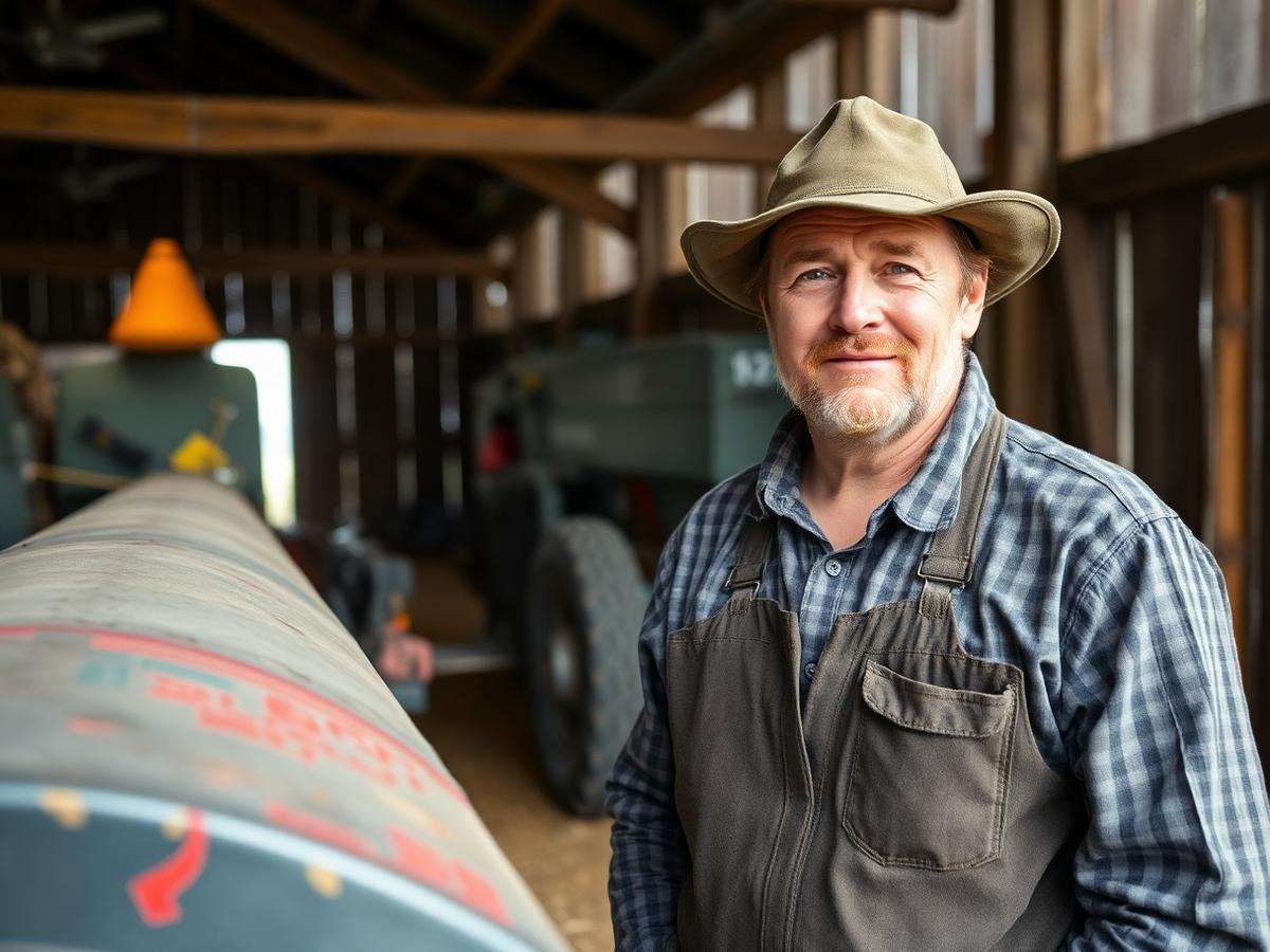 Producteur agricole québécois devant sa machinerie